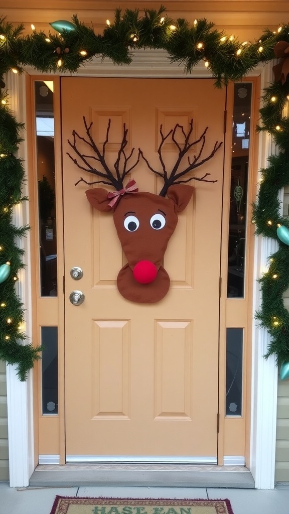 A Christmas door decorated with a reindeer theme, complete with antlers and festive decorations.
